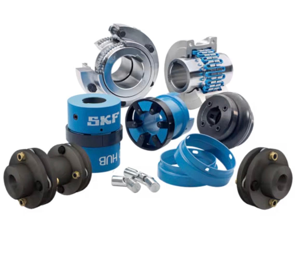 Industrial power transmission couplings and shaft components on a clean white background