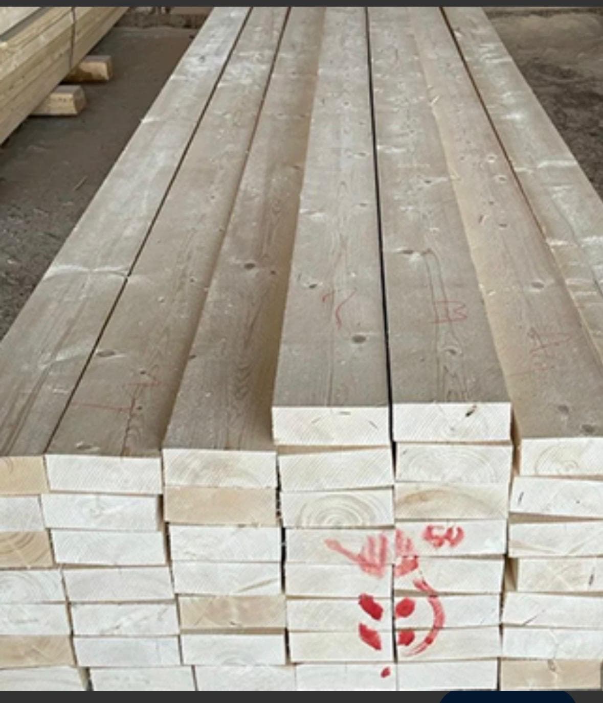 Structural construction wood beams aligned in long rows for building supply